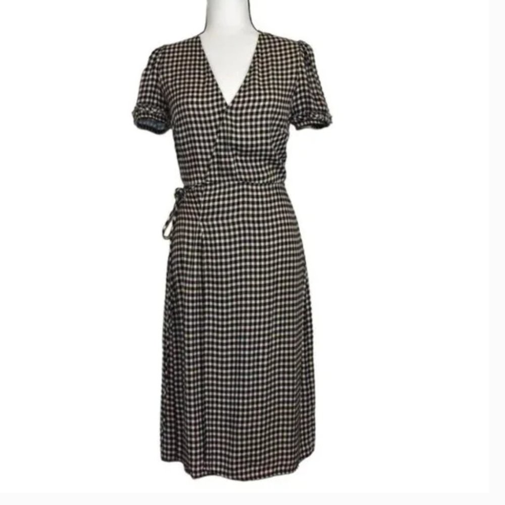 Reformation Gingham Short Sleeve Midi Wrap Dress Black White Size S
